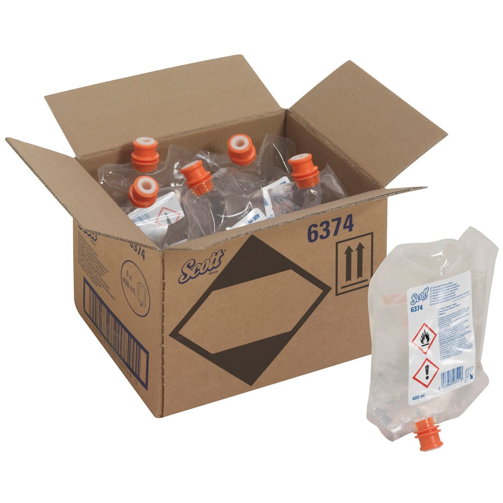 Eine geöffnete Schachtel mit der Aufschrift "Scott® Reiniger für Toilettensitze und andere Oberflächen" der Kimberly-Clark GmbH enthält sechs transparente 400-ml-Spenderbeutel, von denen einer außen mit einer orangefarbenen Kappe, einem Warnhinweis und Gefahrensymbolen versehen ist.