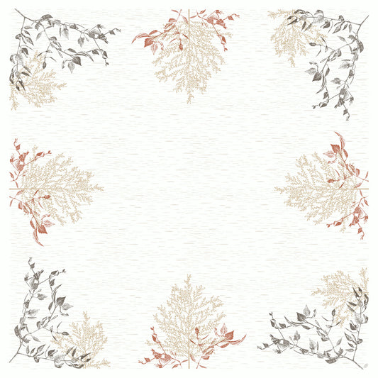 Eine quadratische Bordüre mit botanischen Motiven in Beige, Rot und Grau auf einem hellen, strukturierten Hintergrund, inspiriert von der Bio-Dunicel Mitteldecke 84x84 cm - Holz & Natur der Duni GmbH. Der mittlere Bereich ist leer - ideal für umweltfreundliche Holzprodukte.