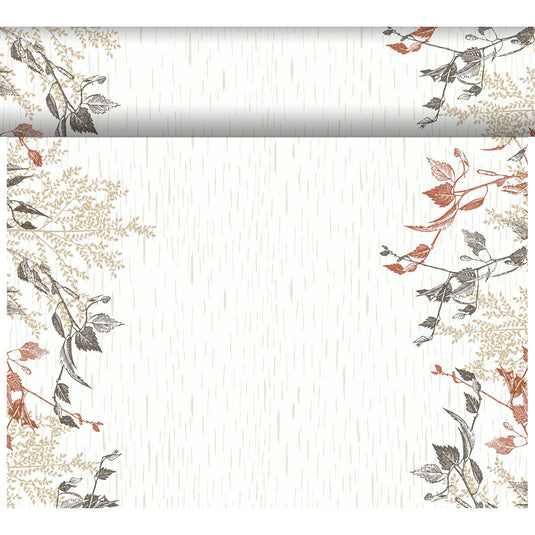 Det økologiske DC Tete a Tete (0,4x24m) fra Duni GmbH har en beige baggrund, tynde lodrette linjer og brun, beige og sort botanisk kunst på toppen og siderne - ideel til naturtræ dekoration. Inklusive matchende vandret kant øverst.