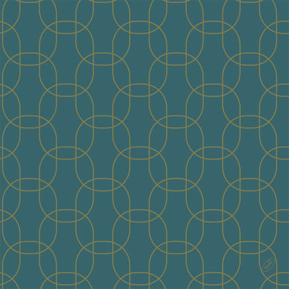 Ein geometrisches Muster aus ineinander greifenden goldenen Kreisen auf dunklem Teal ist auf Dunisoft-Serv gedruckt. 40x40cm von Duni GmbH. Es bildet ein symmetrisches Raster mit dem dezenten Schriftzug "MIRO" in der rechten unteren Ecke.