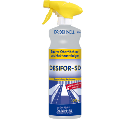 500 ml sprayflasken af Dr. Schnell DESIFOR-SD overfladedesinfektion fra DR.SCHNELL GmbH & Co. KGaA med gul udløser og blå-gul emballage er klar til brug til overfladedesinfektion.