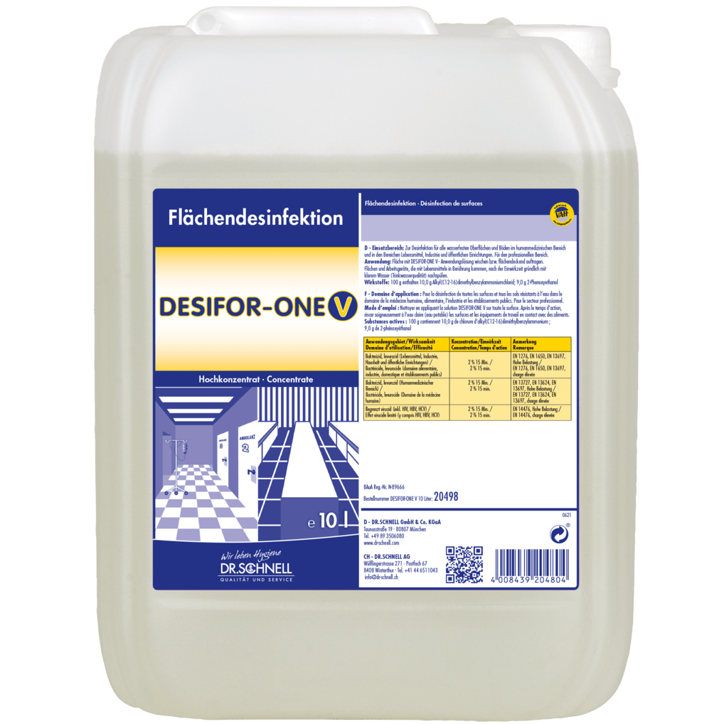 En 10-liters plastbeholder fra Dr. Schnell DESIFOR-ONE V overfladedesinfektion fra DR.SCHNELL GmbH & Co. KGaA, med en blå-gul etiket med produktinformation, doseringsvejledning og tyske sikkerhedsanvisninger.