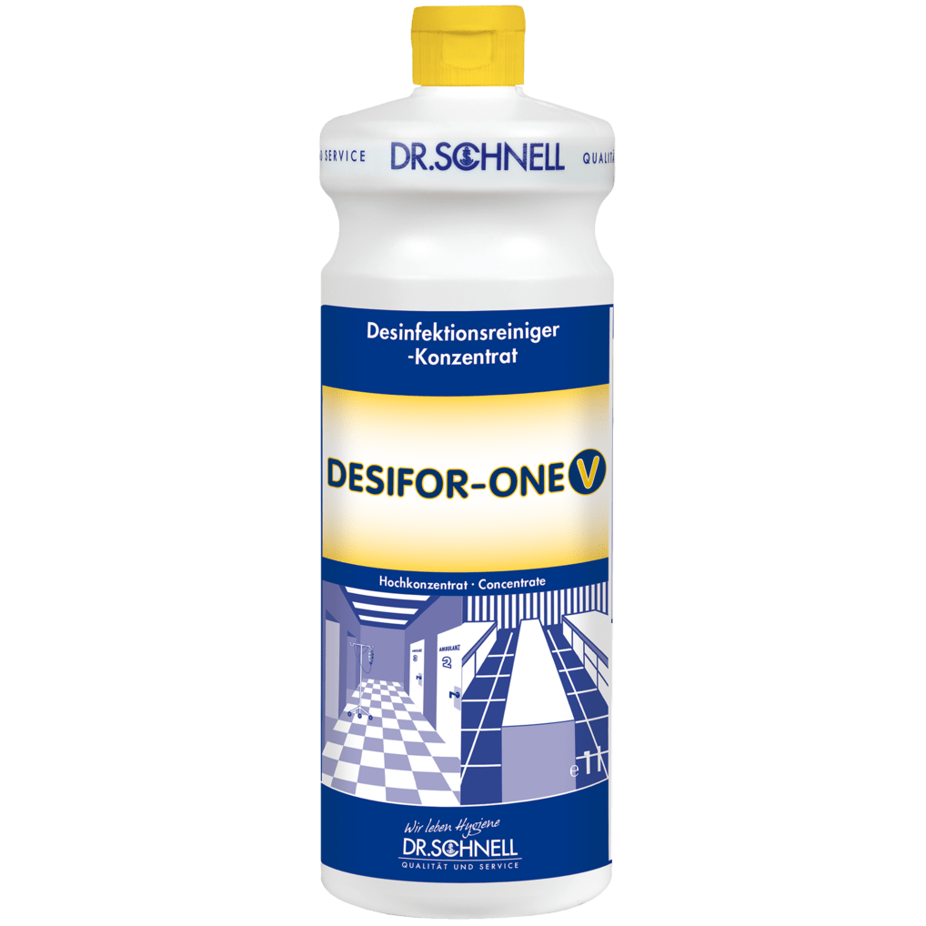 En hvid plastikflaske Dr. Schnell DESIFOR-ONE V overfladedesinfektion fra DR.SCHNELL GmbH & Co. KGaA, med gul hætte og blå-hvid etiket med tysk tekst, ideel til overfladedesinfektion i hygiejniske områder.
