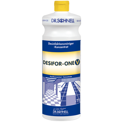 En hvid plastikflaske Dr. Schnell DESIFOR-ONE V overfladedesinfektion fra DR.SCHNELL GmbH & Co. KGaA, med gul hætte og blå-hvid etiket med tysk tekst, ideel til overfladedesinfektion i hygiejniske områder.