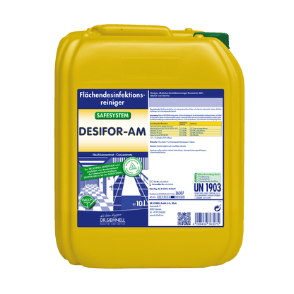 En gul 10-liters plastbeholder fra Dr. Schnell DESIFOR-AM Overfladedesinfektion fra DR.SCHNELL GmbH & Co. KGaA, med produktinformation og sikkerhedsetiketter i blå, hvid og grøn.