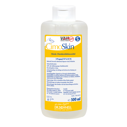 Eine 500-ml-Kunststoffflasche der Dr. Schnell CIMOSKIN Händedesinfektion der DR.SCHNELL GmbH & Co. KGaA, mit weißem Verschluss und einem gelb-weiß-blauen deutschen Etikett, das die hautfreundlichen, hygienischen Desinfektionseigenschaften hervorhebt.