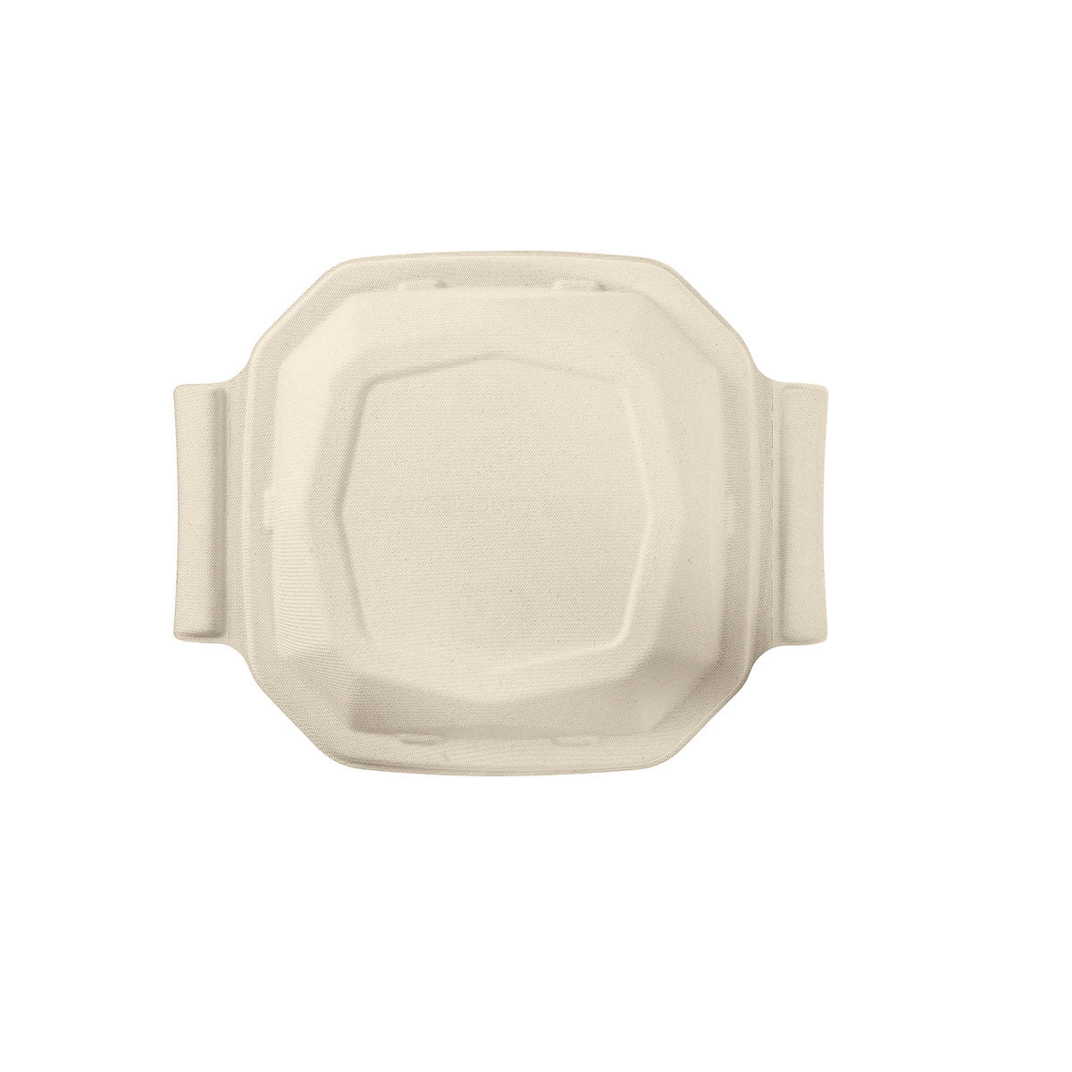 Et lukket, brunt Octabagasse-låg på 1000 ml takeaway-beholder fra Duni GmbH (290x233x42 mm, pakke med 50), fremstillet af biologisk nedbrydelige bagassefibre, vist ovenfra på en hvid baggrund.