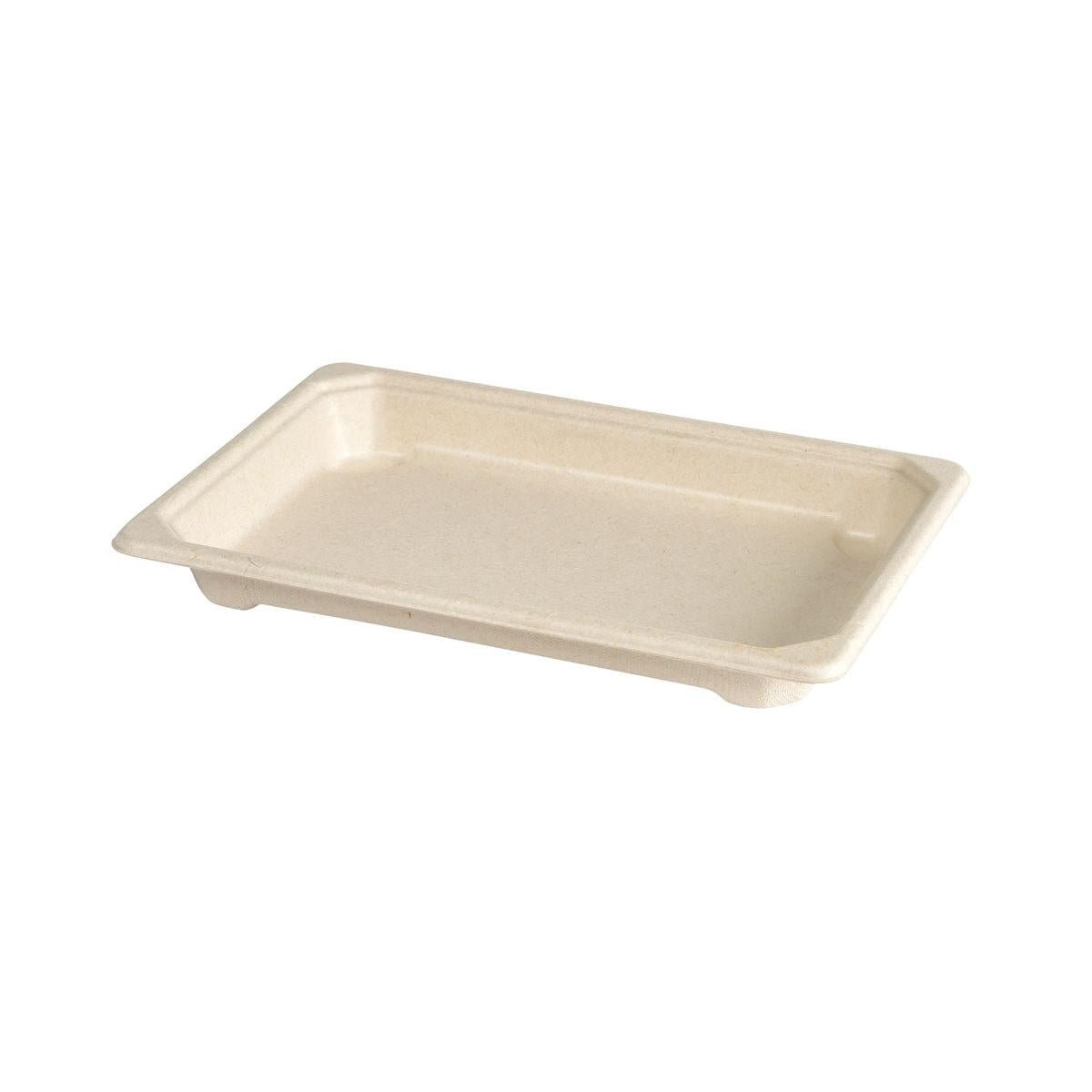 Det Duni GmbH Sushi & Deli Tray Small er en brun, rektangulær Bagasse PLA-beklædt bakke (184x128x22 mm) til miljøvenlig emballage, afbildet på hvid baggrund. Pakke: 100 stykker.