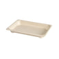 Det Duni GmbH Sushi & Deli Tray Small er en brun, rektangulær Bagasse PLA-beklædt bakke (184x128x22 mm) til miljøvenlig emballage, afbildet på hvid baggrund. Pakke: 100 stykker.
