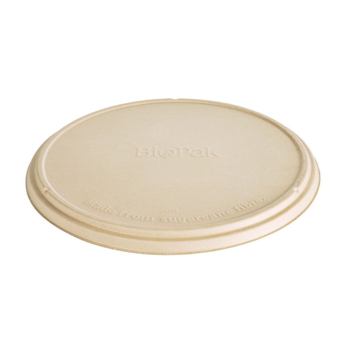 Det runde, beige, komposterbare låg til pizzaboks fra Duni GmbH lavet af ubelagt brun bagasse (363x363x19mm) har en glat overflade, en let forhøjet kant og præget "BioPak" i midten. Emballage: 50 stykker. Velegnet til pizzabokse.