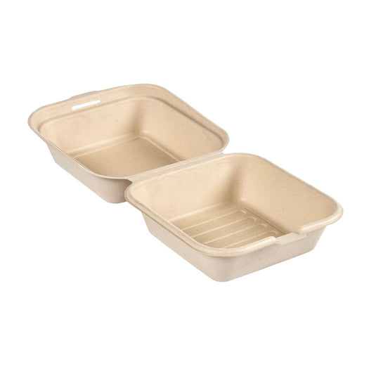 Clamshell 475 ml – ubelagt, brun bagasse, 155x155x80 fra Duni GmbH (pakke med 50 stk.) er en biologisk nedbrydelig, brunlig takeaway-beholder af formfiber – en miljøvenlig emballage til dine måltider.