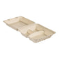 Duni GmbH Clamshell 350/120/120 ml, ubelagt 3 Brun Bagasse (235x235x90 mm), er en beige, rektangulær takeaway-beholder med to rum, fremstillet af biologisk nedbrydelig bagasse. Afbildet åben; pakke med 50 stykker.