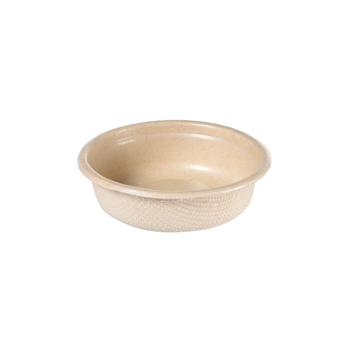 Hvid, rund, flad dressingbæger 30 ml fra Duni GmbH lavet af bagasse med PBAT/PLA-belægning (65x65x18 mm, pakke med 150 stykker), med struktureret yderside og glat inderside, på hvid baggrund.