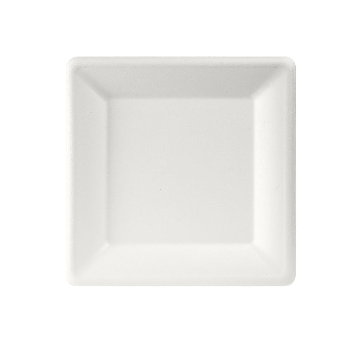 En 26x26 cm stor hvid, kvadratisk, ubelagt bagasse-tallerken fra Duni GmbH er afbildet ovenfra på en hvid baggrund - miljøvenlig og biologisk nedbrydelig. Pakke med 50 stykker.