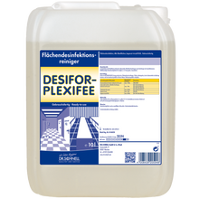 Ein 10-Liter-Kunststoffbehälter von DR.SCHNELL Desifor PlexiFee Flächendesinfektionsmittel, begrenzt viruzid PLUS, mit einem blau-weißen Etikett mit Produktinformationen, Anwendungshinweisen und Sicherheitswarnungen.