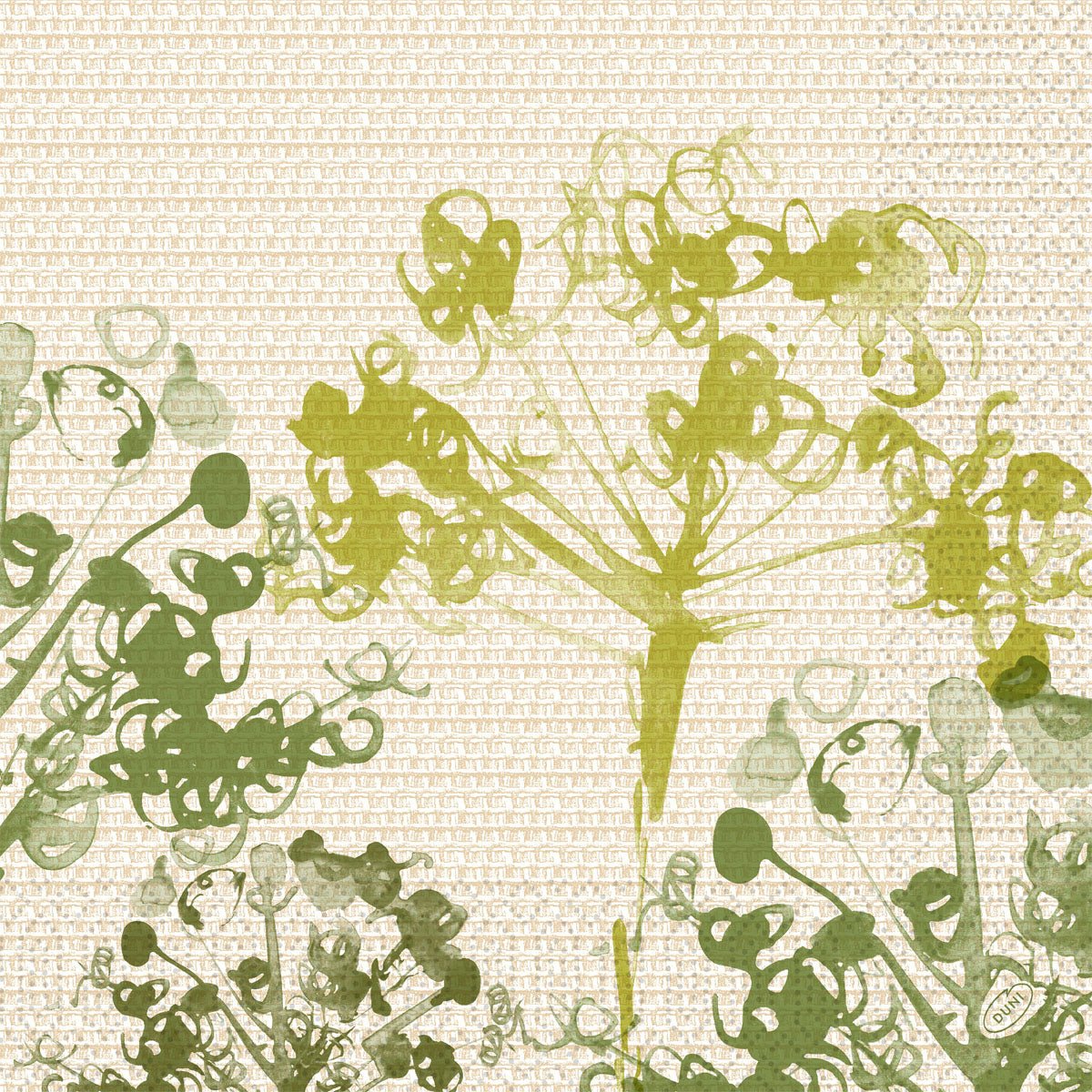 Grønne botaniske silhuetter på en struktureret beige, gitterlignende baggrund skaber et organisk, akvarelagtigt look - ideelt til bæredygtige celletyper. Servietter 40x40 cm, 3-lags, grøn fra Duni GmbH (pakke med 250 servietter).
