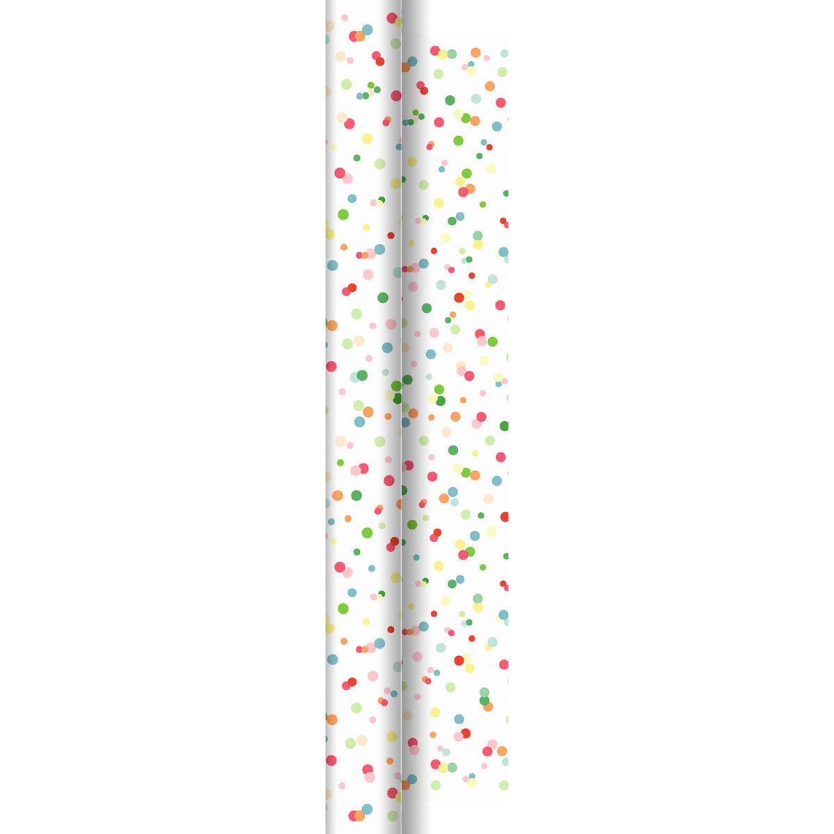Die Dunicel-Rolle 40x0,90m Happy Bubbles von Duni GmbH ist eine Rolle mit buntem Tupfenpapier - ideal für Bastelprojekte oder Raumdekorationen - aufrecht stehend vor weißem Hintergrund.