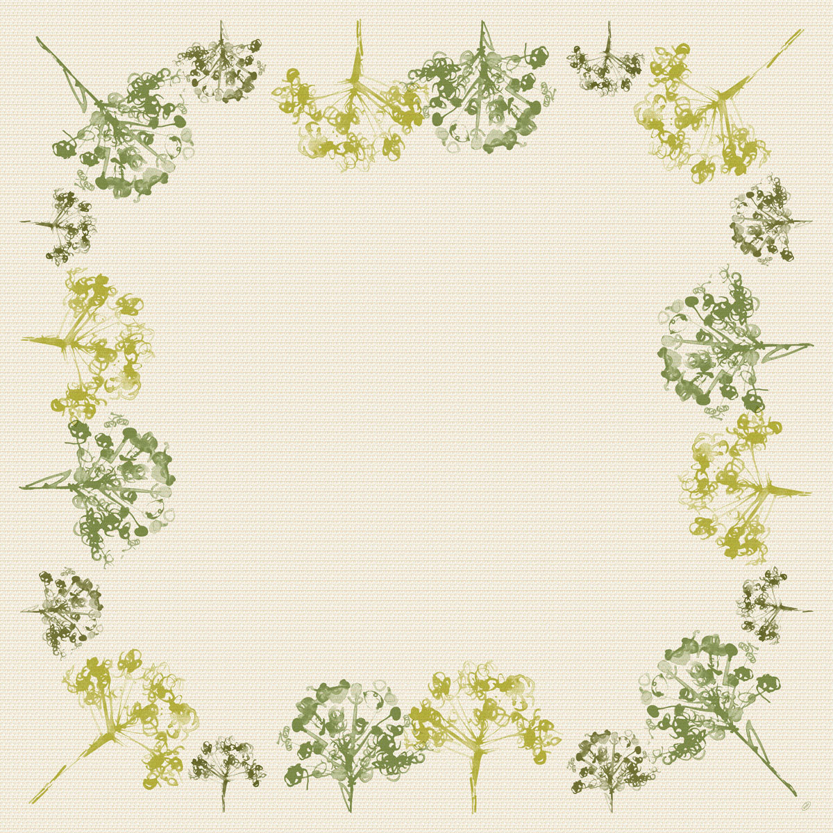 Ein quadratischer beiger Hintergrund mit grünen und gelben Blumenborten spiegelt den umweltfreundlichen Look des Dunisilk MD 84x84 cm, grün Umbles für Feste | Packung (20 Stück) der Duni GmbH wider. Zarte Blüten umrahmen ein biologisch abbaubares Mittelstück.