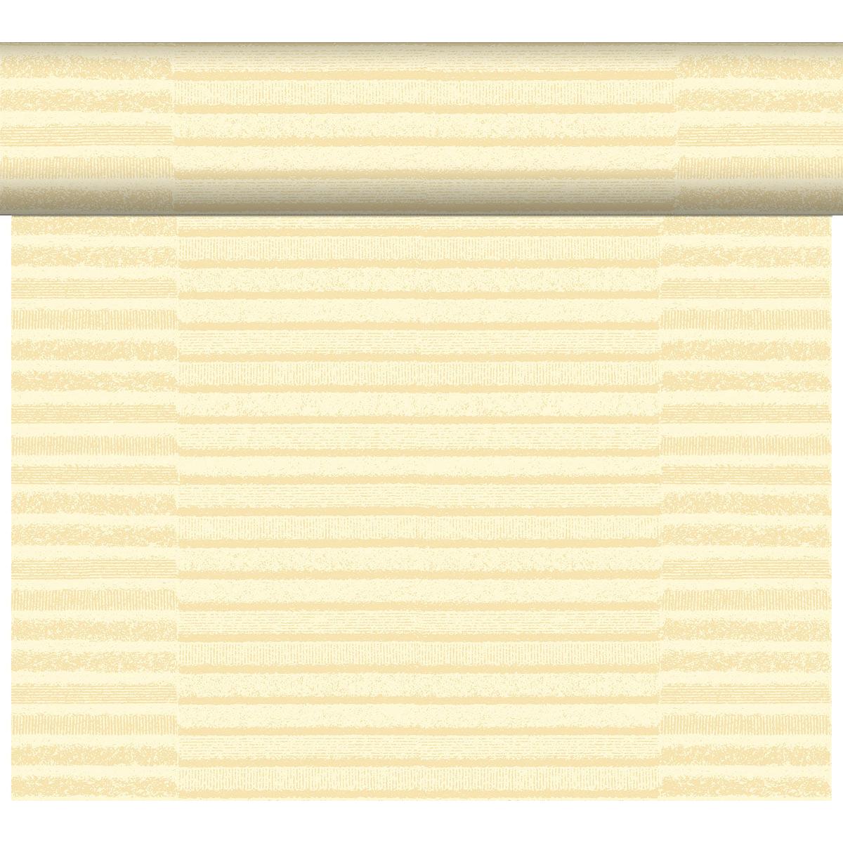 Eine teilweise ausgerollte Rolle des DC-Tete a Tete 0,4x24m Tessuto creme der Duni GmbH zeigt seine hellgelbe, dezent gestreifte Struktur, die einen eleganten, weichen Lagenlook erzeugt, der an einen hochwertigen Stoff erinnert - ein stilvolles Tischdekor in einer Packung.