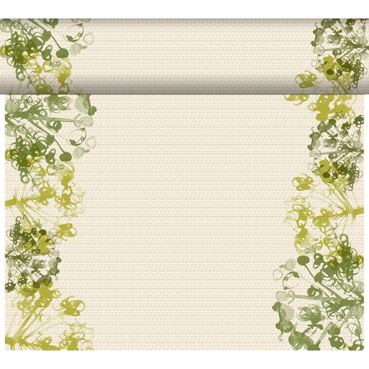 Et cremefarvet, rektangulært klæde med en subtil tekstur og abstrakte grøn-gule blomsterkanter, inspireret af den miljøvenlige stil fra DC-Tete a Tete 0,4x24m, grøn-højkvalitets paraplyer til events fra Duni GmbH. Den øverste kant er rullet.