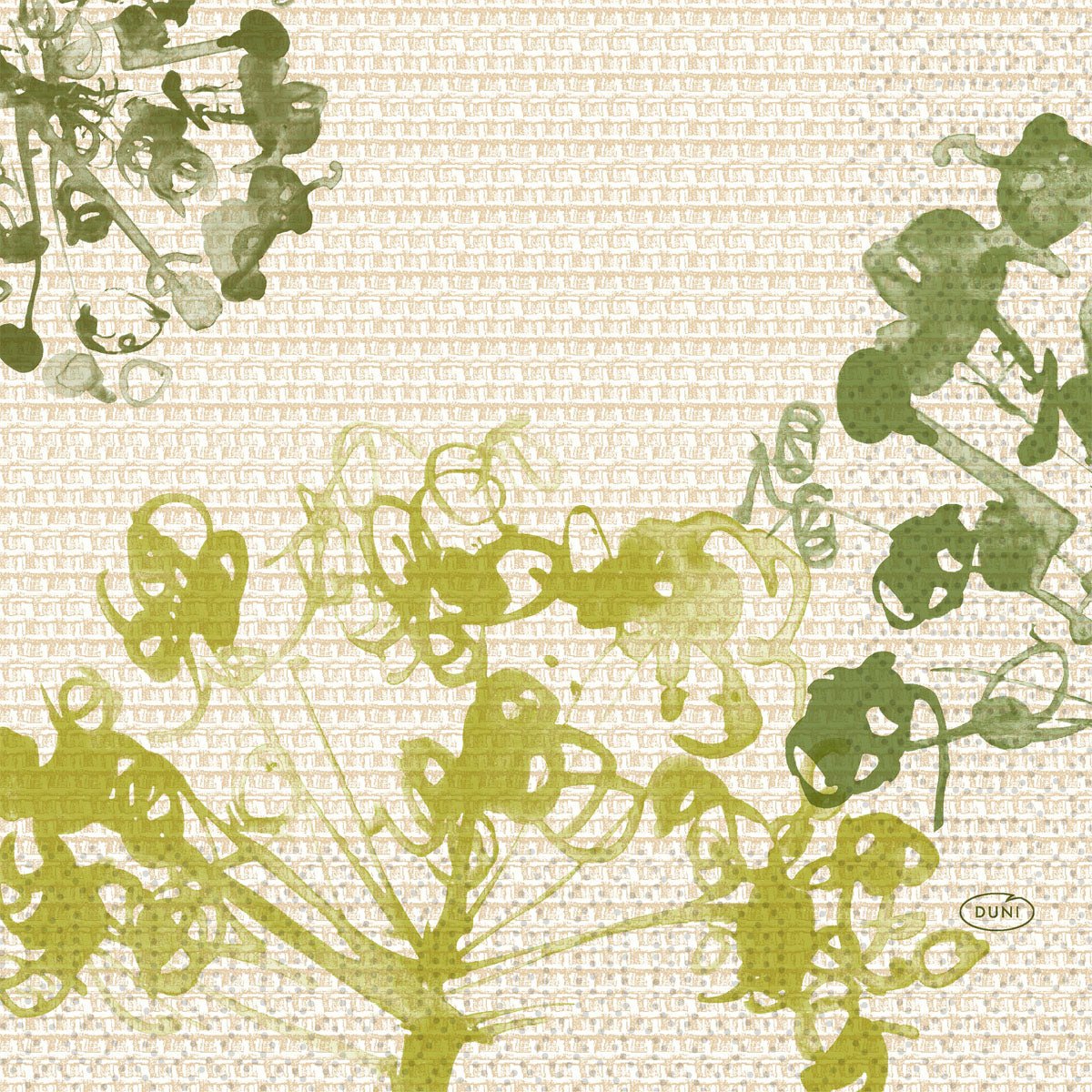 Abstrakte grønne og olivengrønne plante-lignende former overlapper hinanden på en struktureret beige baggrund med en lille "Duni"-etiket, der henviser til det botaniske, grafiske look af Duni GmbH Zellt.-servietter 33x33 cm, 3-lags, grøn, pakke med 50 servietter.