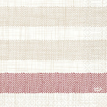 Die Duni GmbH Zellt.-Serv.33 3lg 1/4 Rigato bordeaux Servietten haben drei horizontale Bänder mit kleinen, gleichmäßig verteilten Punkten - zwei beige, eine bordeauxrot - mit schwachen Gitterlinien und einem kleinen roten "DUNI"-Oval in der rechten unteren Ecke. Packung mit 250 Stück.