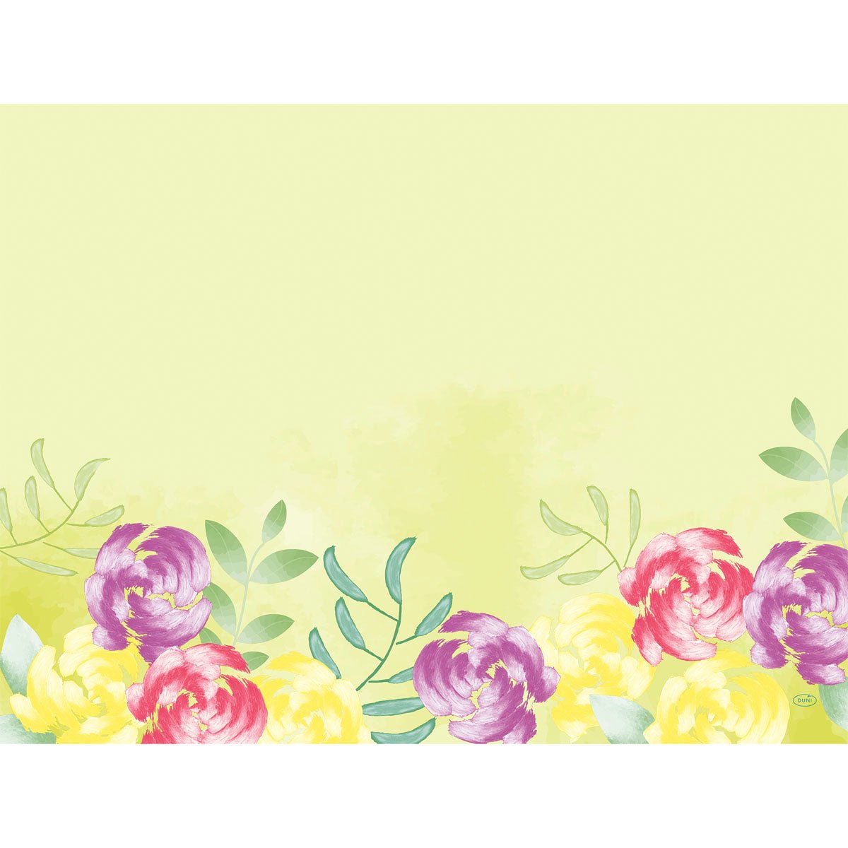 De Duni GmbH papirbordskånere 30x40cm Soft Tropics viser en lysegul baggrund med akvarelmalede blomster i gul, rosa og lilla samt grønne blade i den nederste kant; den øverste kant og midten forbliver stort set tomme. Pakken indeholder 250 stykker.