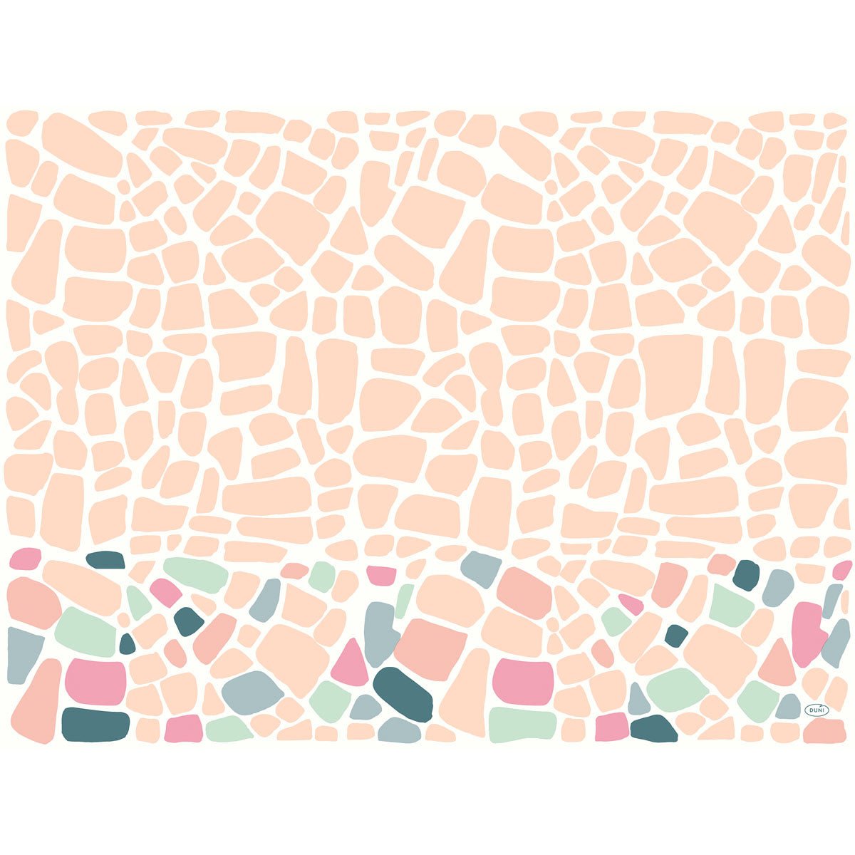 Bio-Dunicel-sættene 30x40 Ocean Pebbles fra Duni GmbH viser et abstrakt design med afrundede ferskenformer og lysende rosa, grønne, blå og grå accenter på hvid. Perfekt som dekorative dækkeservietter. Pakke med 100 stykker.
