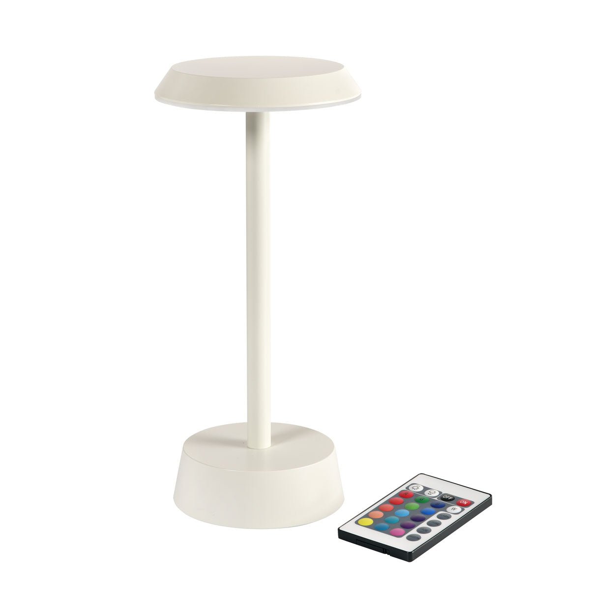 Den NOUR trådløse LED-lampe i sandfarve fra Duni GmbH er en moderne bordlampe med rund sokkel og flad overflade - elegant dekoration til dit hjem, inklusive fjernbetjening med flere farverige knapper.