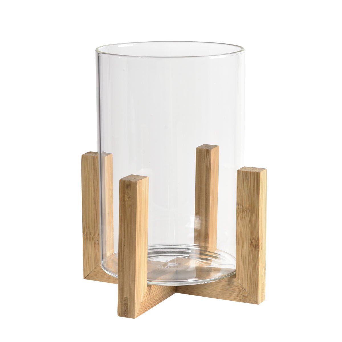 Den dekorative bordlampe ESME fra Duni GmbH består af en cylinder af klart glas (15x15 cm) på en træstander med fire ben og krydsformet sokkel. Den kombinerer moderne stil med funktionelt design, ligesom den minimalistiske Esme Box.