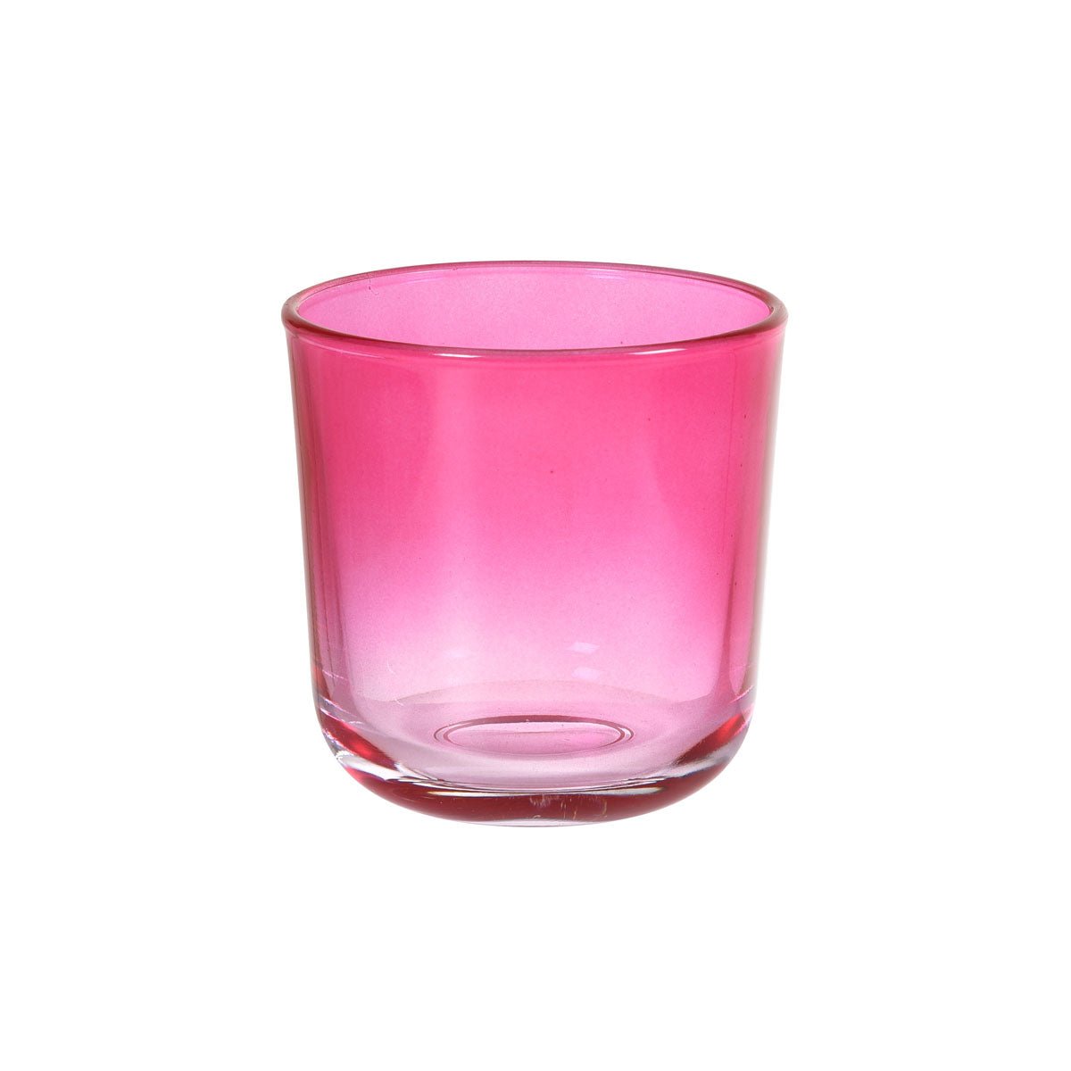 En fuchsiafarvet Switch & Shine lysestage i glas fra Duni GmbH med rund form og stabil sokkel står på hvid baggrund.