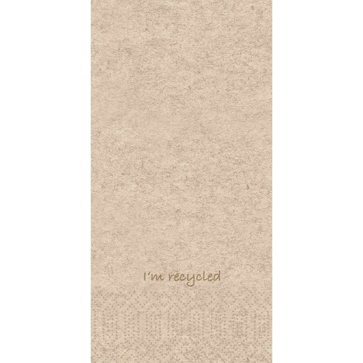 En 40 cm lang, 2-lags cellulose-serviet fra Duni GmbH med en diskret tekstur og trykket "I'm recycled" i den nederste del - ideel til miljøvenlig brug eller som en del af Recycled 300P-pakken (300 servietter), 1/8-fold.