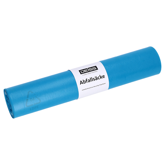 Eine Rolle blauer Müllsäcke der EMIL DEISS KG (GmbH + Co.) (DEISS Abfallsäcke aus Recycling-LDPE 70 l, Blauer Engel, 25 Stück) mit weißem Etikett steht auf weißem Hintergrund.