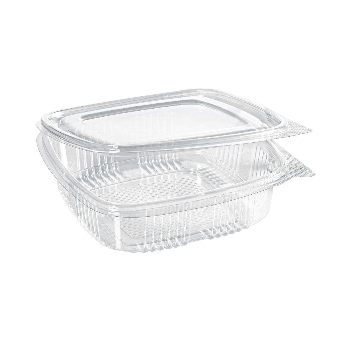 Ein klarer, rechteckiger rPET Deli Hinged Transparent Lebensmittelbehälter der Duni GmbH mit aufgesetztem Deckel ist leicht geöffnet und leer vor einem schlichten weißen Hintergrund abgebildet.