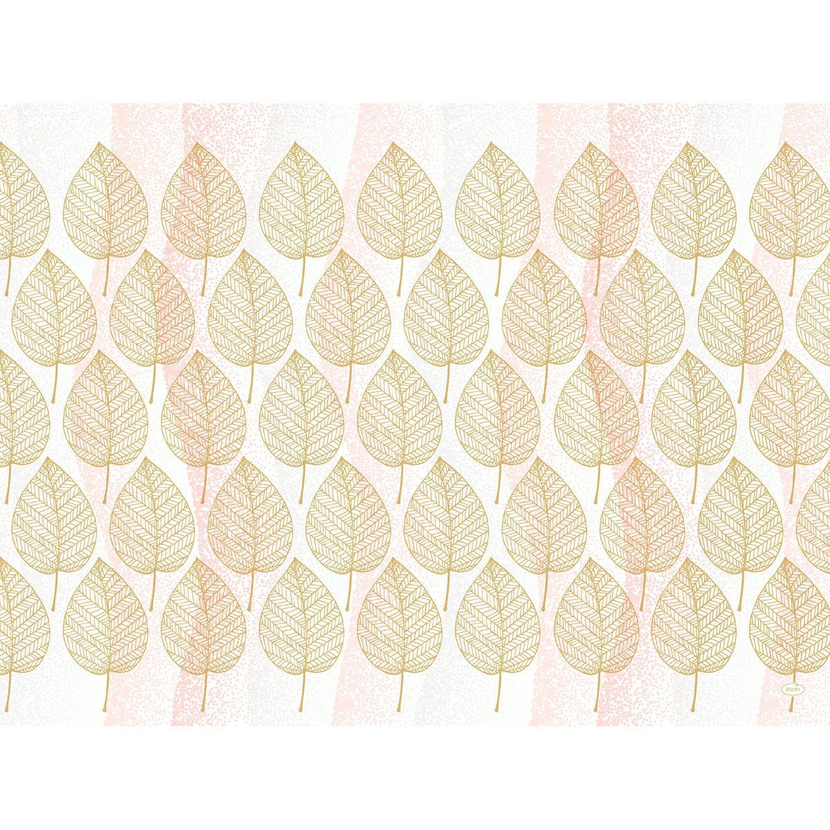 De papirduge 30x40cm Aspen fra Duni GmbH (pakke med 250 stykker) viser guldkantede blade på en rosa stribet, plettet baggrund - stilfuld og miljøvenlig til beskyttelse af dit bord.