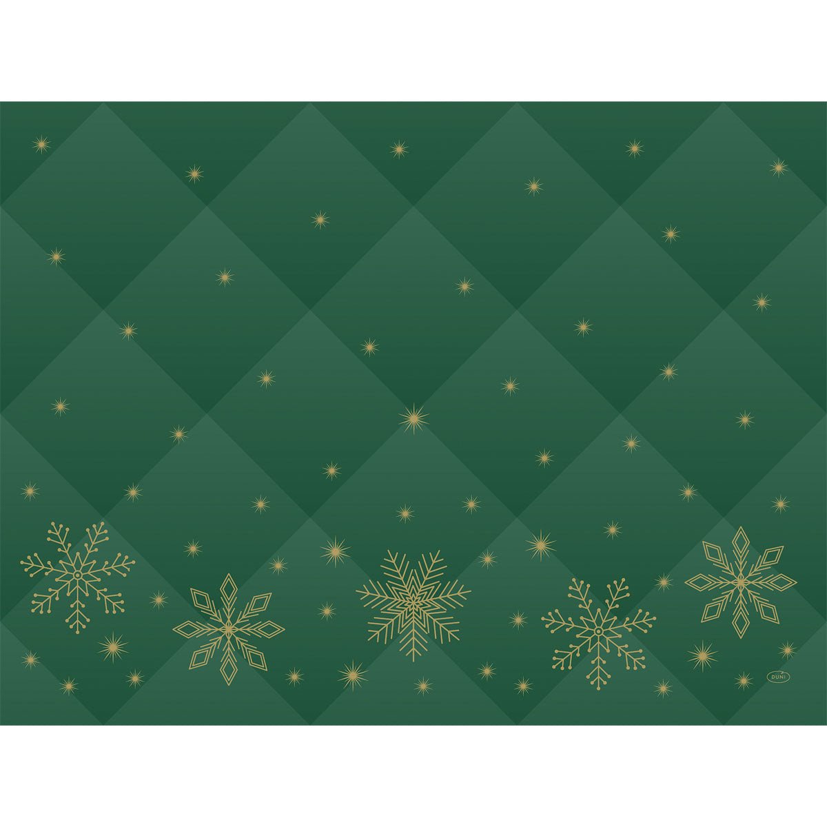 Bring elegance til dit bord med Duni GmbH papirbordskånere 30x40cm Rhombus grøn. Med et quiltet rombemønster, gyldne snefnug og fine gyldne stjerner - især langs den nederste kant. Pakken indeholder 250 stykker.