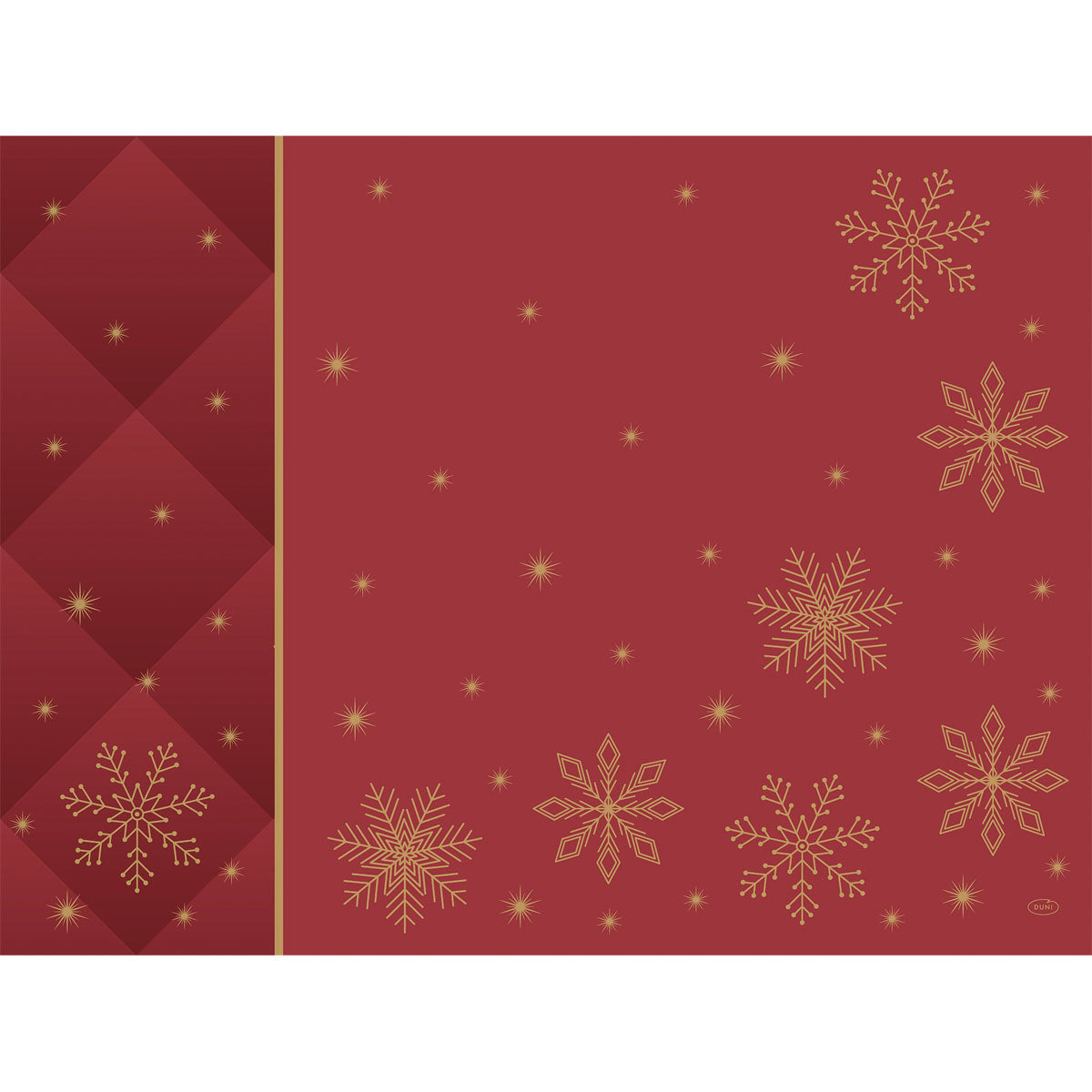 Ein roter Hintergrund mit goldumrandeten Schneeflocken und kleinen goldenen Sternen sowie ein kastanienbraunes Rautenmuster auf der linken Seite sorgen für einen eleganten Look - ideal für die Präsentation der Duni GmbH Bio-Dunicel-Sets 30x40 Rhombus bordeaux (100 Stück).
