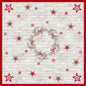 Die Dunicel-Mitteldecke 84x84cm Cozy Winter von Duni GmbH zeigt einen Kranz aus Zweigen und roten Schleifen, mit roten und beigen Sternen und Schneeflocken auf hellem Holzgrund. Ideale Festtagsdekoration, erhältlich in Packungen mit 20 Stück.