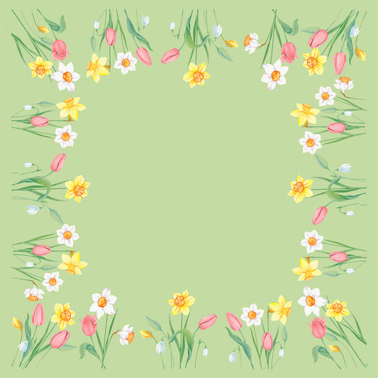 Die Bio-Dunicel-Mitteld.84x84 Frühlingsmelodie-Servietten der Duni GmbH zeigen ein grünes Quadrat, das mit gelben Narzissen, weißen Narzissen und rosa Tulpen umrandet ist - ein frischer Akzent für den Frühlingstisch. Die Mitte ist einfarbig. Packung mit 20 Stück.