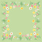 Duni GmbH's Bio-Dunicel-Mitteld.84x84 Forårsmelodi-servietter viser en grøn firkant omkranset af gule påskeliljer, hvide påskeliljer og lyserøde tulipaner - en frisk accent til forårsbordet. Midten er ensfarvet. Pakke med 20 stykker.