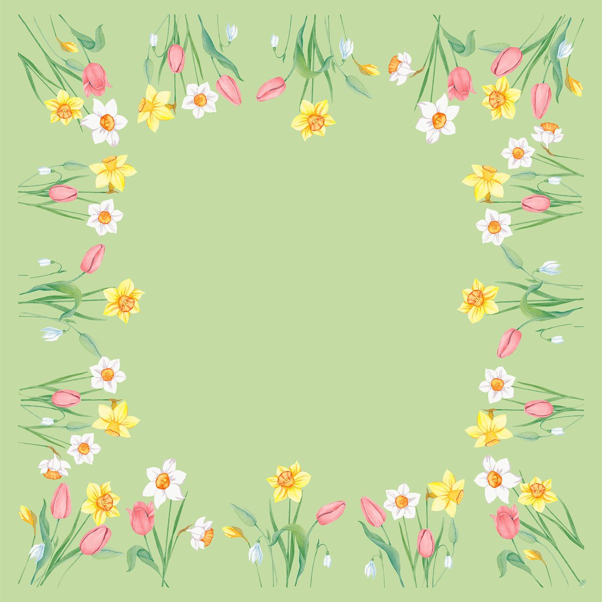 Det økologiske Dunicel-mellemlægsserviet Spring Melody (84x84 cm) fra Duni GmbH har en grøn midte, omgivet af akvareltulipaner, påskeliljer og hvide blomster - ideel som blomstrende borddekoration til forårsbegivenheder. Pakke med 100 stykker.