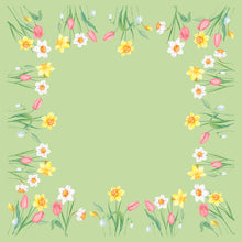 Die Dunisilk MD Spring Melody 84x84 cm Tischdecke von Duni GmbH zeigt einen hellgrünen Hintergrund mit einem Rand aus Aquarellblumen, darunter Tulpen und Narzissen - ideal für elegante Frühlings-Tischdeko. Packung mit 20 Stück.