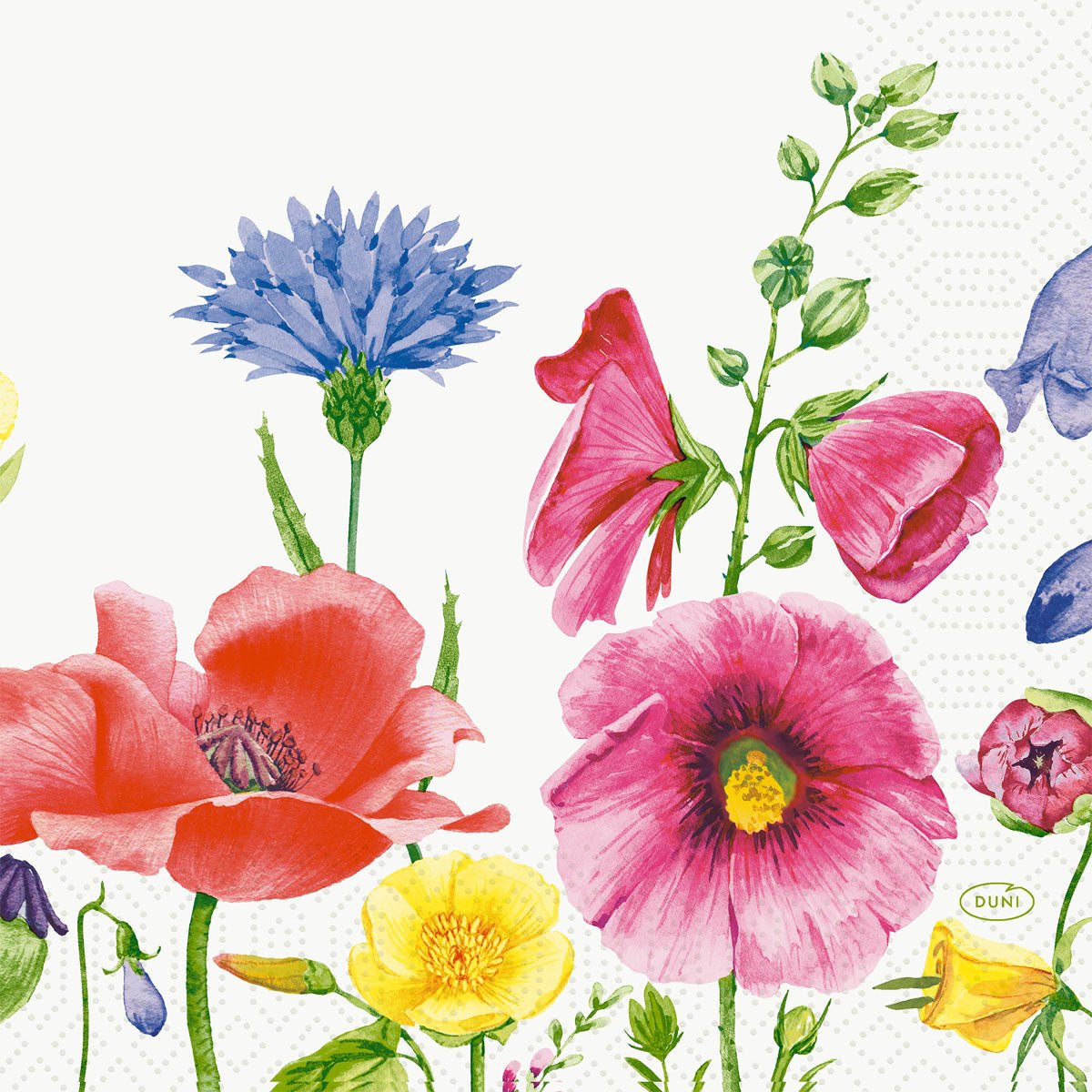 En levende vildeblomstillustration med lyserøde, røde, gule og blå blomster pryder Duni GmbH servietterne 33 cm 3-lags 1/4-fold Flowy Meadow papirservietter (pakke med 250 stykker) - perfekt til at bringe drømmende farver på bordet.