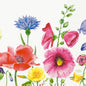 En levende vildeblomstillustration med lyserøde, røde, gule og blå blomster pryder Duni GmbH servietterne 33 cm 3-lags 1/4-fold Flowy Meadow papirservietter (pakke med 250 stykker) - perfekt til at bringe drømmende farver på bordet.