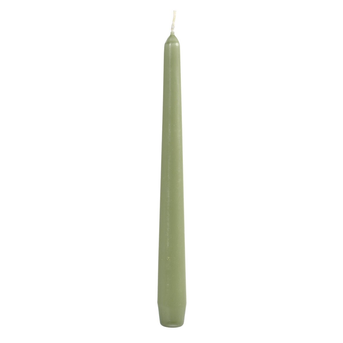 En pakke med 50 lysestager 250x22 mm i pistaciegrøn fra Duni GmbH, hver med en lidt bredere base, står oprejst foran en hvid baggrund - perfekt til en elegant borddekoration og tilføjelse af subtil farve til ethvert miljø.