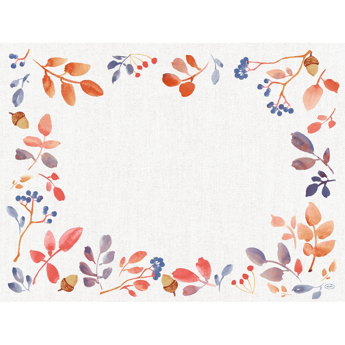 En rektangulær hvid baggrund, indrammet af akvarellignende efterårsblade, bær og agern, danner midtpunktet - ideel til Duni GmbH Bio-Dunicel-sæt 30x40 Autumn Gradient (pakke med 100 stykker). Det midterste område er efterladt tomt.