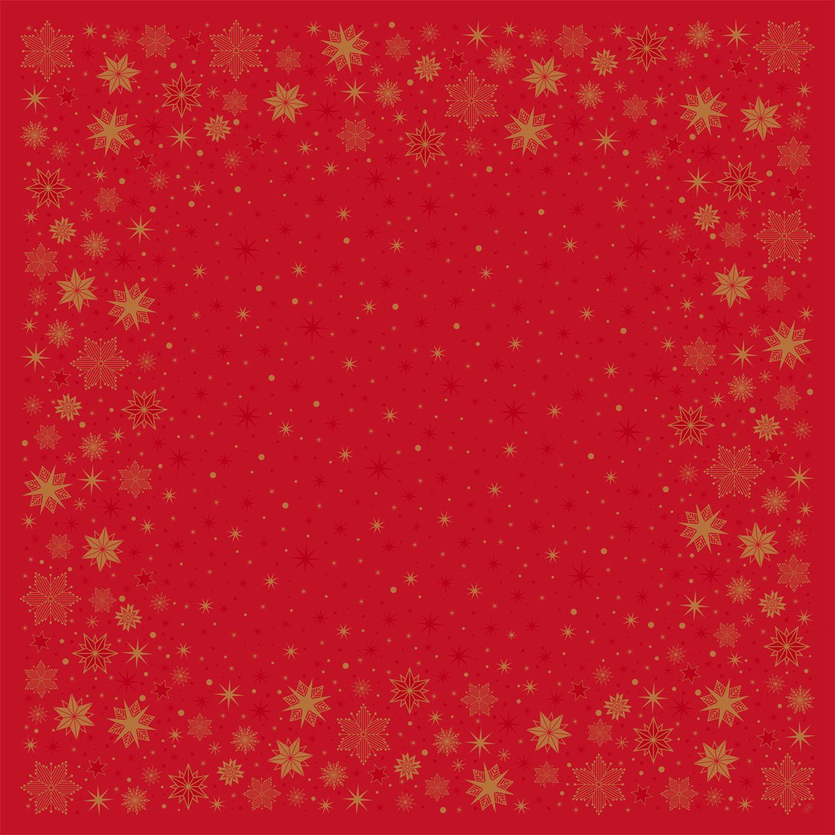 Den økologiske Dunicel-mellemlægsserviet 84x84 cm i rød fra Duni GmbH har en gylden snefnug- og stjernebort med spredte gyldne stjerner, der skaber et festligt look - perfekt til stjernekigger-arrangementer. Pakke med 20 stykker.