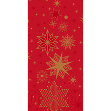 Die Duni Servietten 3-lagig, 40x40 cm in rot, "Stargazing" von Duni GmbH haben einen roten Hintergrund mit goldenen und hellroten Sternen und Schneeflocken in verschiedenen Größen und Designs. Die Packung enthält 250 Stück.