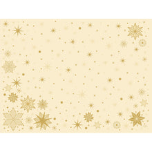 Die Bio-Dunicel-Sets 30x40 Stargazing cream der Duni GmbH haben einen beigen Hintergrund mit goldenen Schneeflocken und Sternen am Rand - ein festlicher, eleganter Look, perfekt für eine nachhaltige Tischdekoration. Packung mit 100 Stück, biologisch abbaubar.