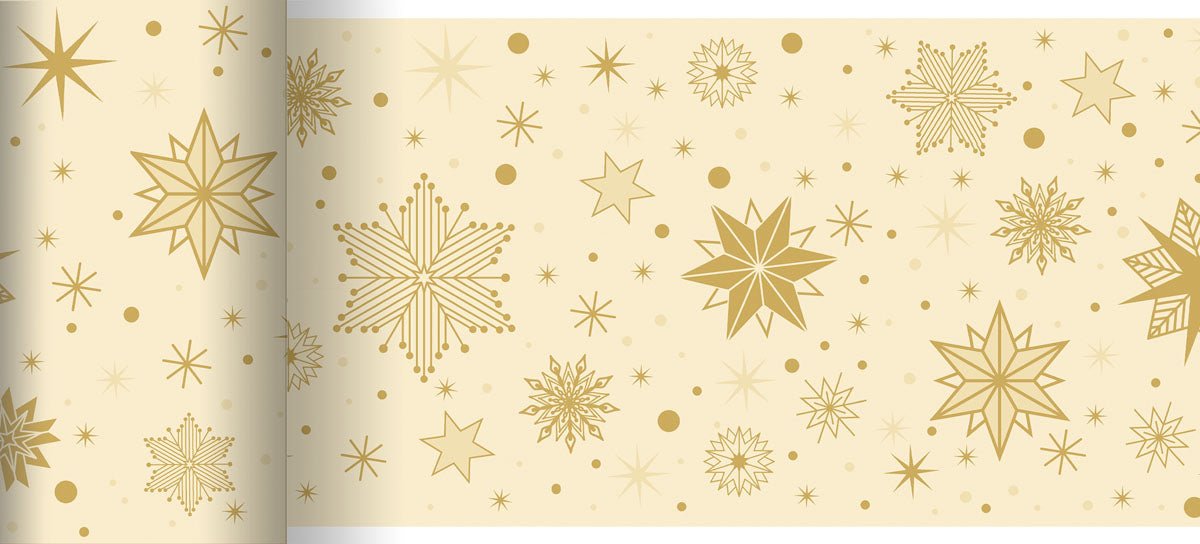 Den Bio-DC bordløber 0,15x20m Stargazing fra Duni GmbH er en miljøvenlig, biologisk nedbrydelig bordløber i beige med gyldne snefnug, stjerner og prikker - perfekt til festlige, bæredygtige fejringer.